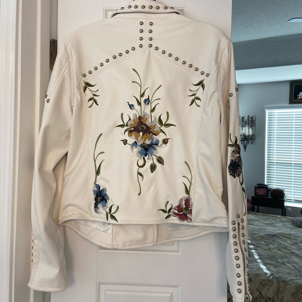 Faux Leather Embroidered Studded Moto Jacket